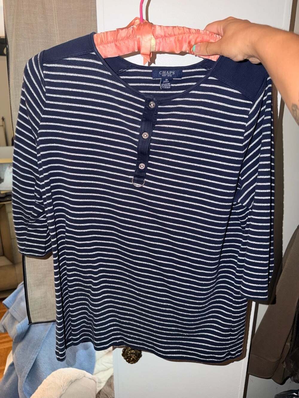 Chaps Striped Henley Top Size 1X Navy White Metallic 3/4 Sleeve